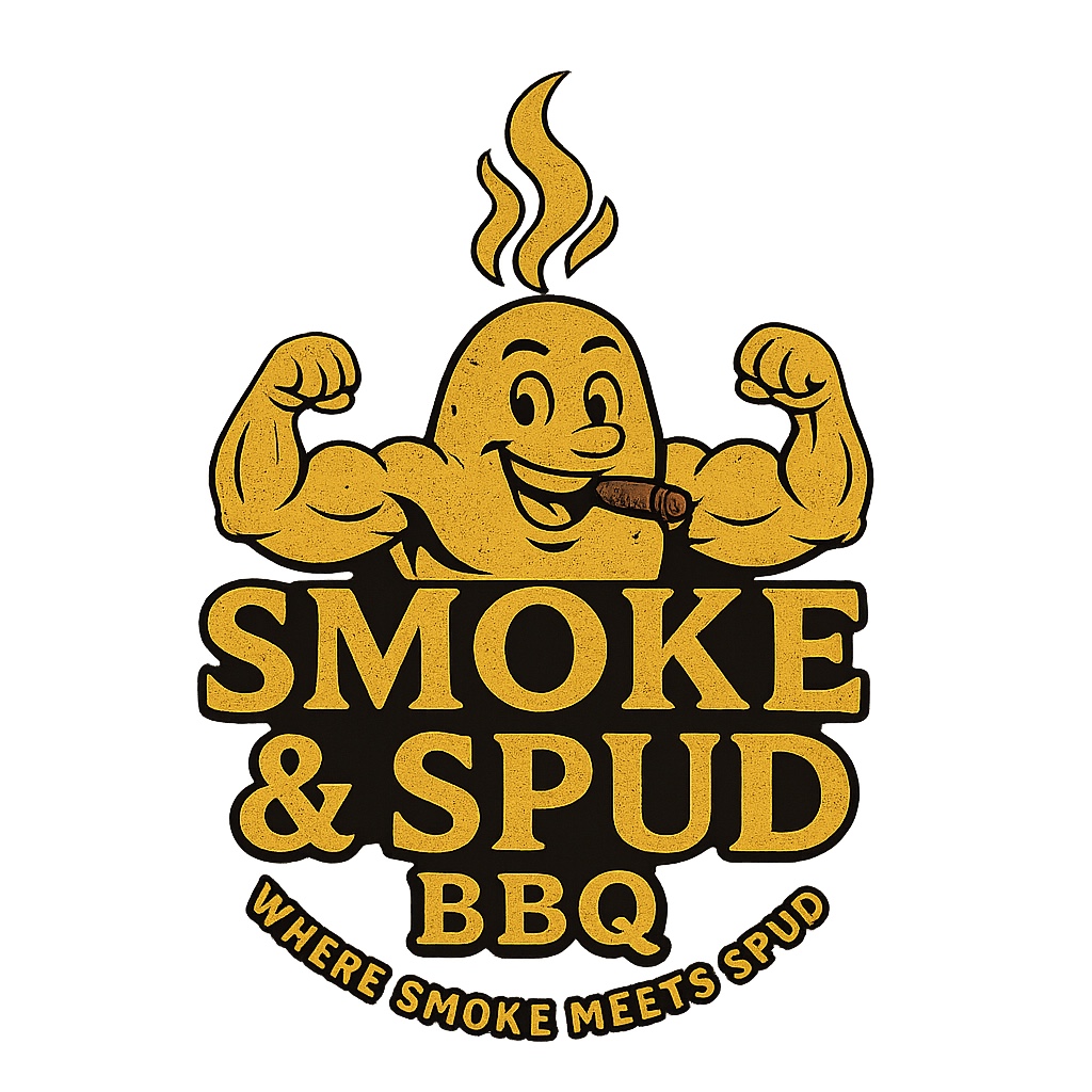 Smoke & Spud BBQ: a smiling potato with flexed arms and smoke rising above it